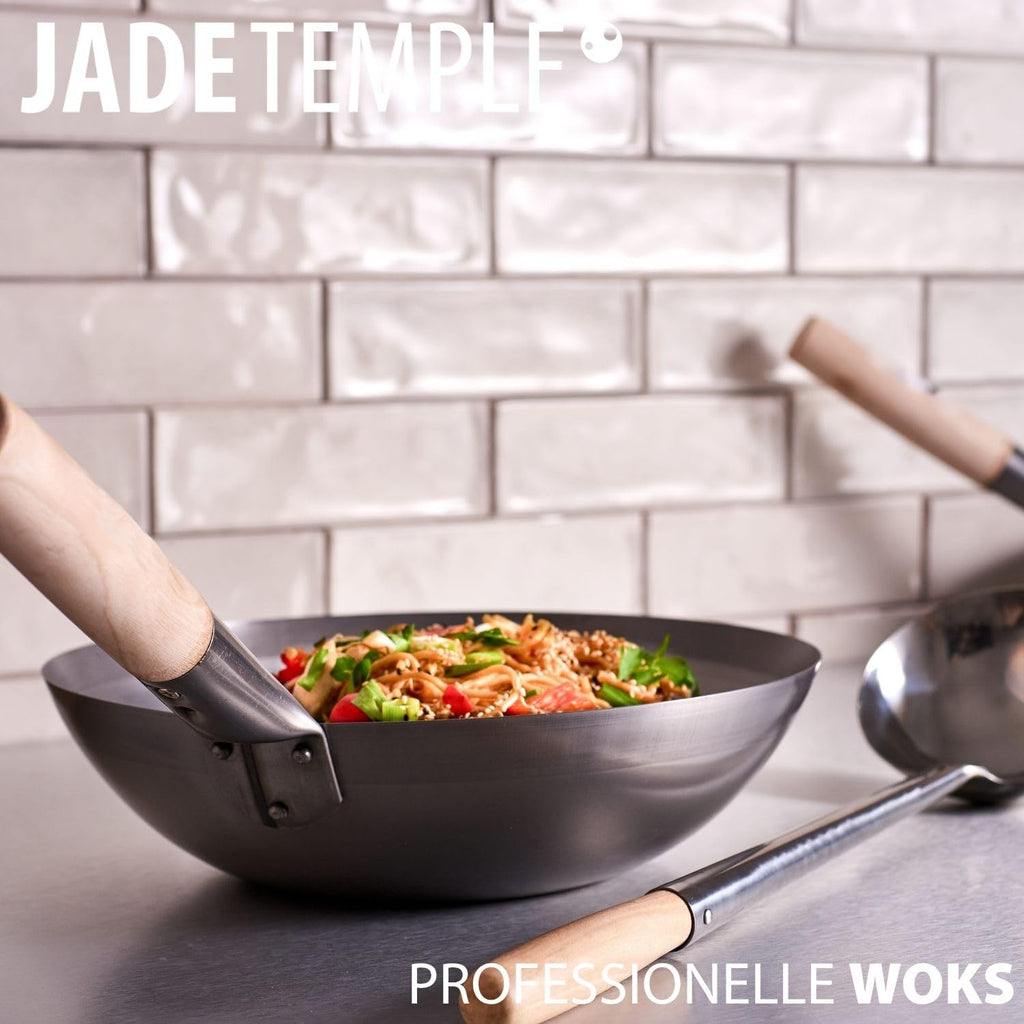 JADE TEMPLE Wok aus Carbonstahl, mit flachem Boden und 35 cm Durchmesser, mit rundem Holzgriff, Grau