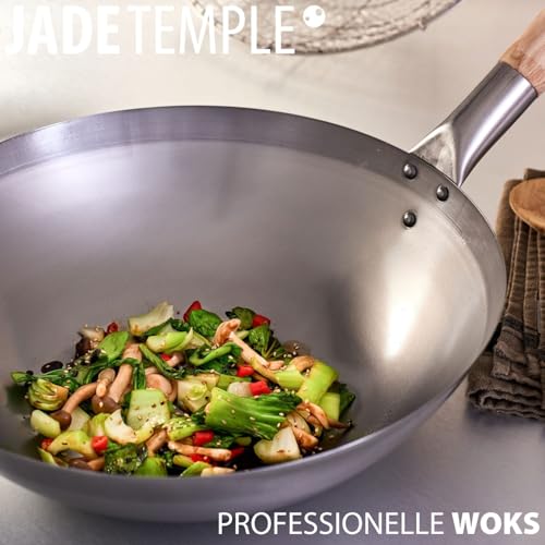 JADE TEMPLE Wok aus Carbonstahl, mit flachem Boden und 35 cm Durchmesser, mit rundem Holzgriff, Grau