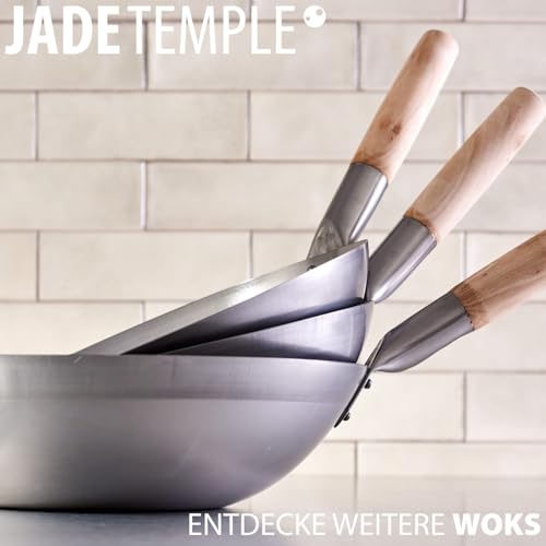 JADE TEMPLE Wok aus Carbonstahl, mit flachem Boden und 35 cm Durchmesser, mit rundem Holzgriff, Grau