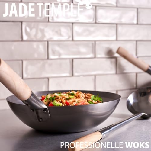 JADE TEMPLE Wok aus Carbonstahl, mit flachem Boden und 35 cm Durchmesser, mit rundem Holzgriff, Grau