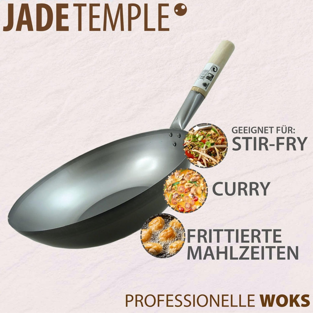 JADE TEMPLE Wok aus Carbonstahl, mit flachem Boden und 35 cm Durchmesser, mit rundem Holzgriff, Grau