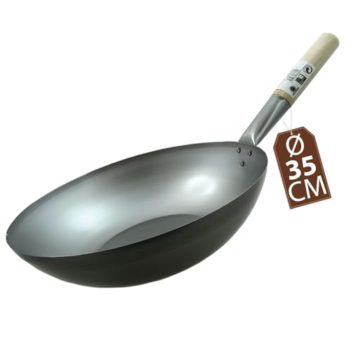 JADE TEMPLE Wok aus Carbonstahl, mit flachem Boden und 35 cm Durchmesser, mit rundem Holzgriff, Grau