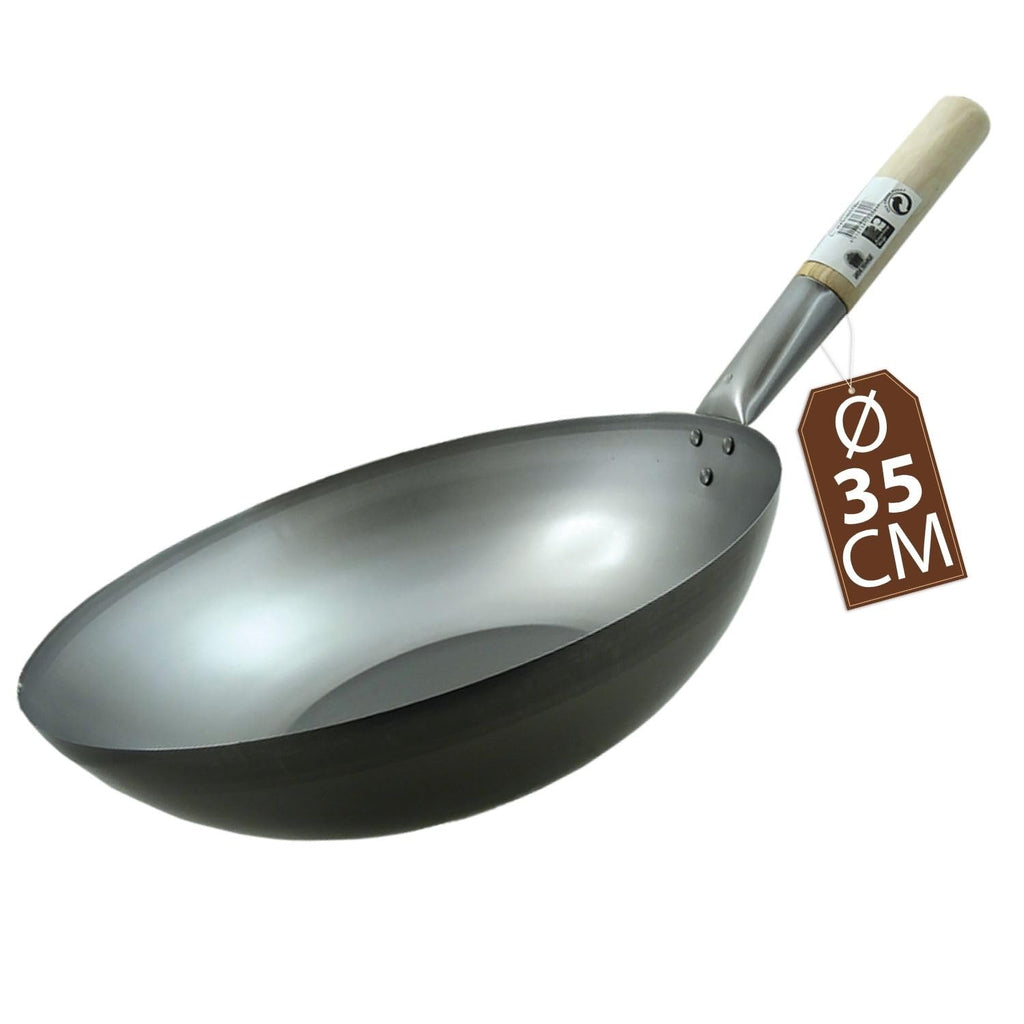 JADE TEMPLE Wok aus Carbonstahl, mit flachem Boden und 35 cm Durchmesser, mit rundem Holzgriff, Grau