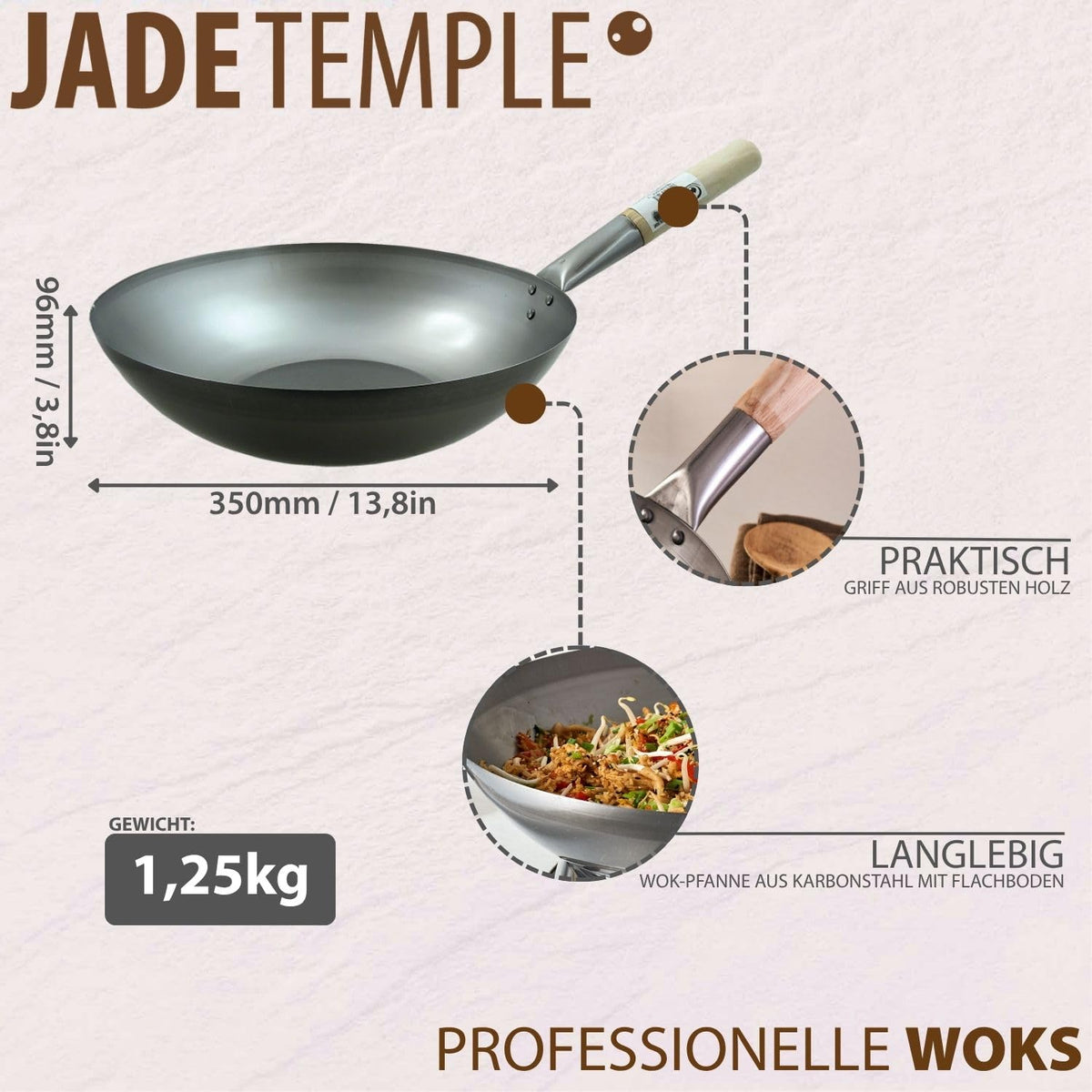 JADE TEMPLE Wok aus Carbonstahl, mit flachem Boden und 35 cm Durchmesser, mit rundem Holzgriff, Grau