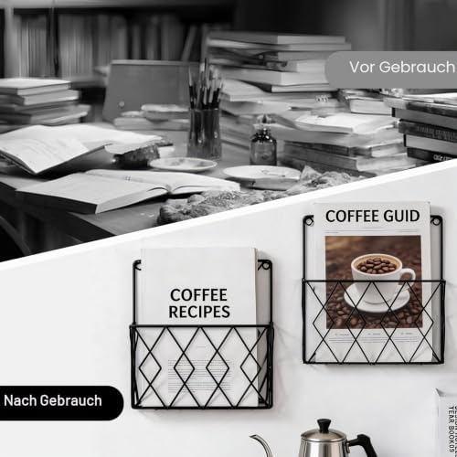YUDAWN 2 Stück Zeitschriftenhalter Wand, Zeitungshalter Wand Metall 25x26cm Wandorganizer Hängend Aktenablage Dokumentenhalter Magazin Organizer für Zuhause Büro Schwarz