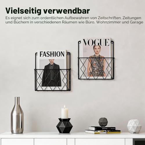 YUDAWN 2 Stück Zeitschriftenhalter Wand, Zeitungshalter Wand Metall 25x26cm Wandorganizer Hängend Aktenablage Dokumentenhalter Magazin Organizer für Zuhause Büro Schwarz