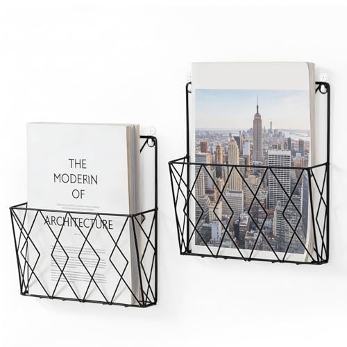 YUDAWN 2 Stück Zeitschriftenhalter Wand, Zeitungshalter Wand Metall 25x26cm Wandorganizer Hängend Aktenablage Dokumentenhalter Magazin Organizer für Zuhause Büro Schwarz