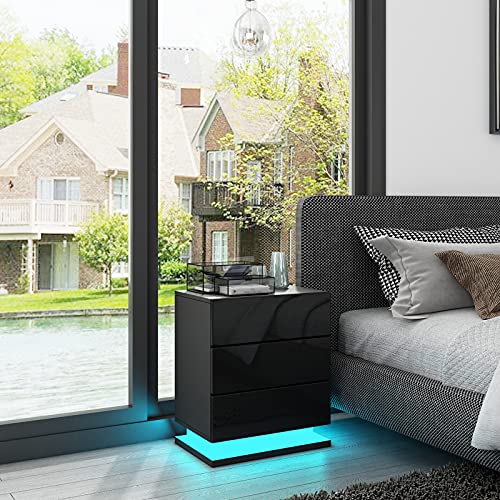 Nachttisch Hochglanzfront 3 Schubladen Nachttisch Moderner Nachttisch mit LED-Leuchten Schlafzimmermöbel 60 x 35 x 50 cm (Schwarz)