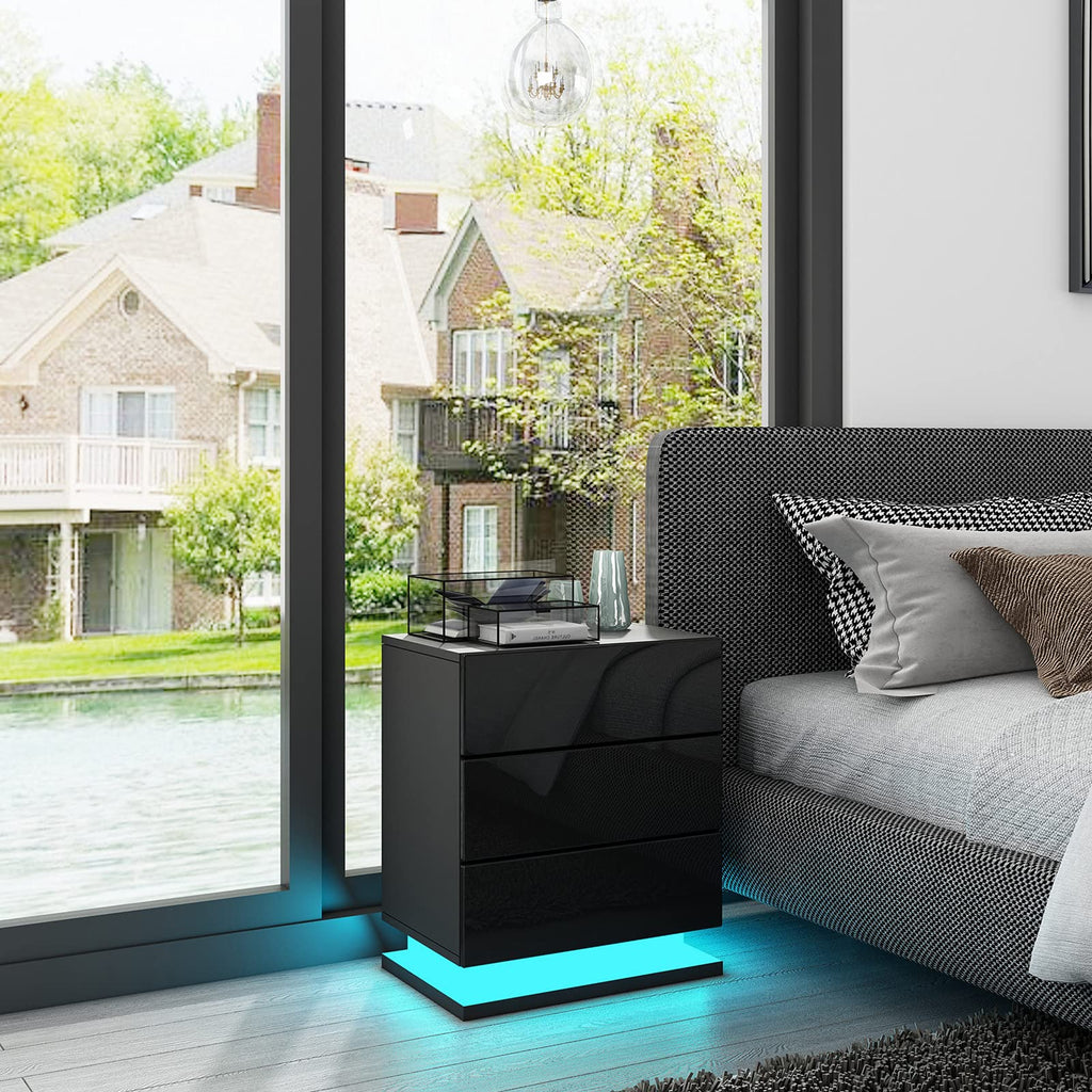 Nachttisch Hochglanzfront 3 Schubladen Nachttisch Moderner Nachttisch mit LED-Leuchten Schlafzimmermöbel 60 x 35 x 50 cm (Schwarz)