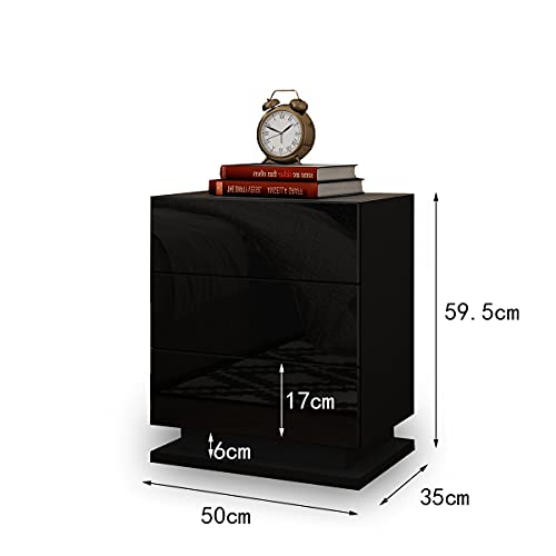 Nachttisch Hochglanzfront 3 Schubladen Nachttisch Moderner Nachttisch mit LED-Leuchten Schlafzimmermöbel 60 x 35 x 50 cm (Schwarz)