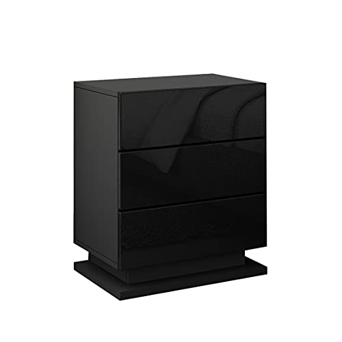 Nachttisch Hochglanzfront 3 Schubladen Nachttisch Moderner Nachttisch mit LED-Leuchten Schlafzimmermöbel 60 x 35 x 50 cm (Schwarz)