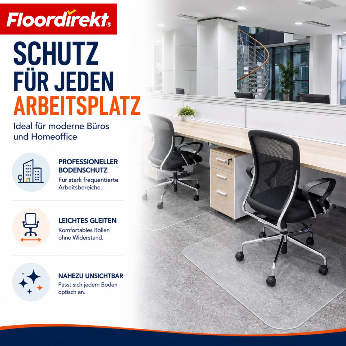 Floordirekt PRO - Bürostuhl Unterlage - transparente Bodenschutzmatte für Hartböden - Bodenmatte, Bodenschutz, Unterlegmatte (114 x 130 cm)