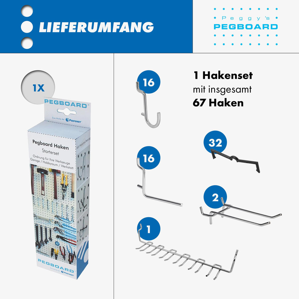 Pegboard Lochwandhaken-Sortiment 67-teilig für Werkzeugwand Abstand 25.4 mm
