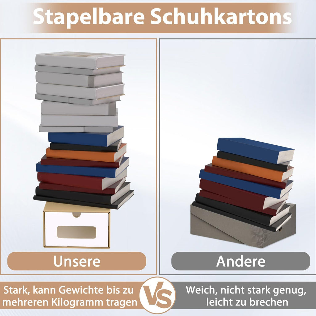 ACXIN Schuhboxen Stapelbar Boxen-Set,Aufbewahrungsbox Schubladen mit Transparentes Sichtfenster,Pappkarton aus Kraftpapier,34.5 x 23.5 x 13.5 cm,10 Stück, Braun