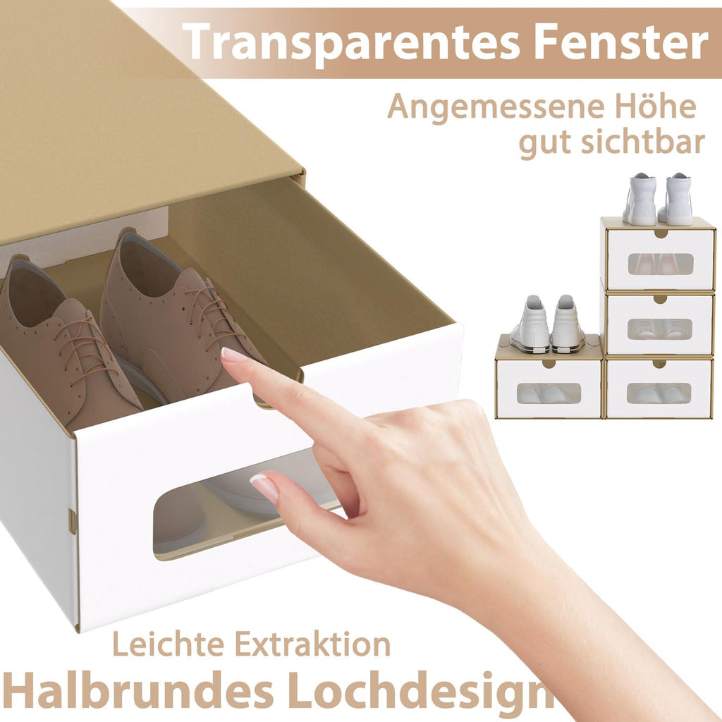 ACXIN Schuhboxen Stapelbar Boxen-Set,Aufbewahrungsbox Schubladen mit Transparentes Sichtfenster,Pappkarton aus Kraftpapier,34.5 x 23.5 x 13.5 cm,10 Stück, Braun