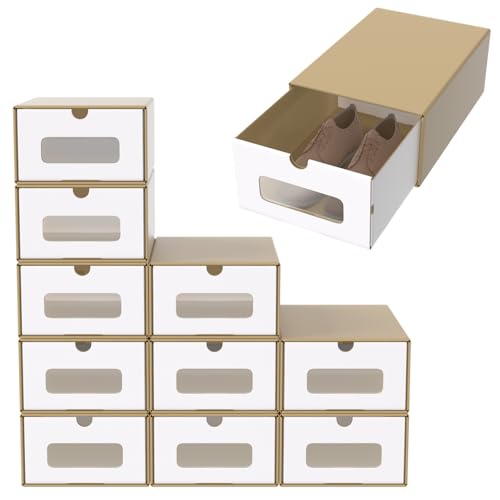 ACXIN Schuhboxen Stapelbar Boxen-Set,Aufbewahrungsbox Schubladen mit Transparentes Sichtfenster,Pappkarton aus Kraftpapier,34.5 x 23.5 x 13.5 cm,10 Stück, Braun