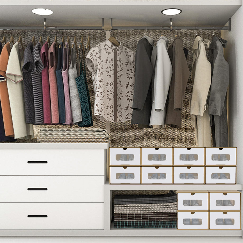 ACXIN Schuhboxen Stapelbar Boxen-Set,Aufbewahrungsbox Schubladen mit Transparentes Sichtfenster,Pappkarton aus Kraftpapier,34.5 x 23.5 x 13.5 cm,10 Stück, Braun