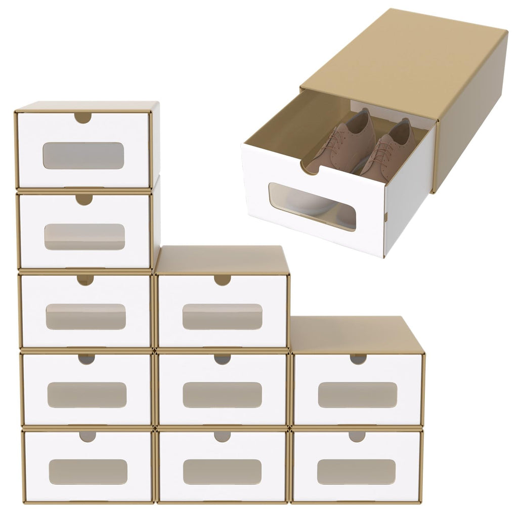 ACXIN Schuhboxen Stapelbar Boxen-Set,Aufbewahrungsbox Schubladen mit Transparentes Sichtfenster,Pappkarton aus Kraftpapier,34.5 x 23.5 x 13.5 cm,10 Stück, Braun