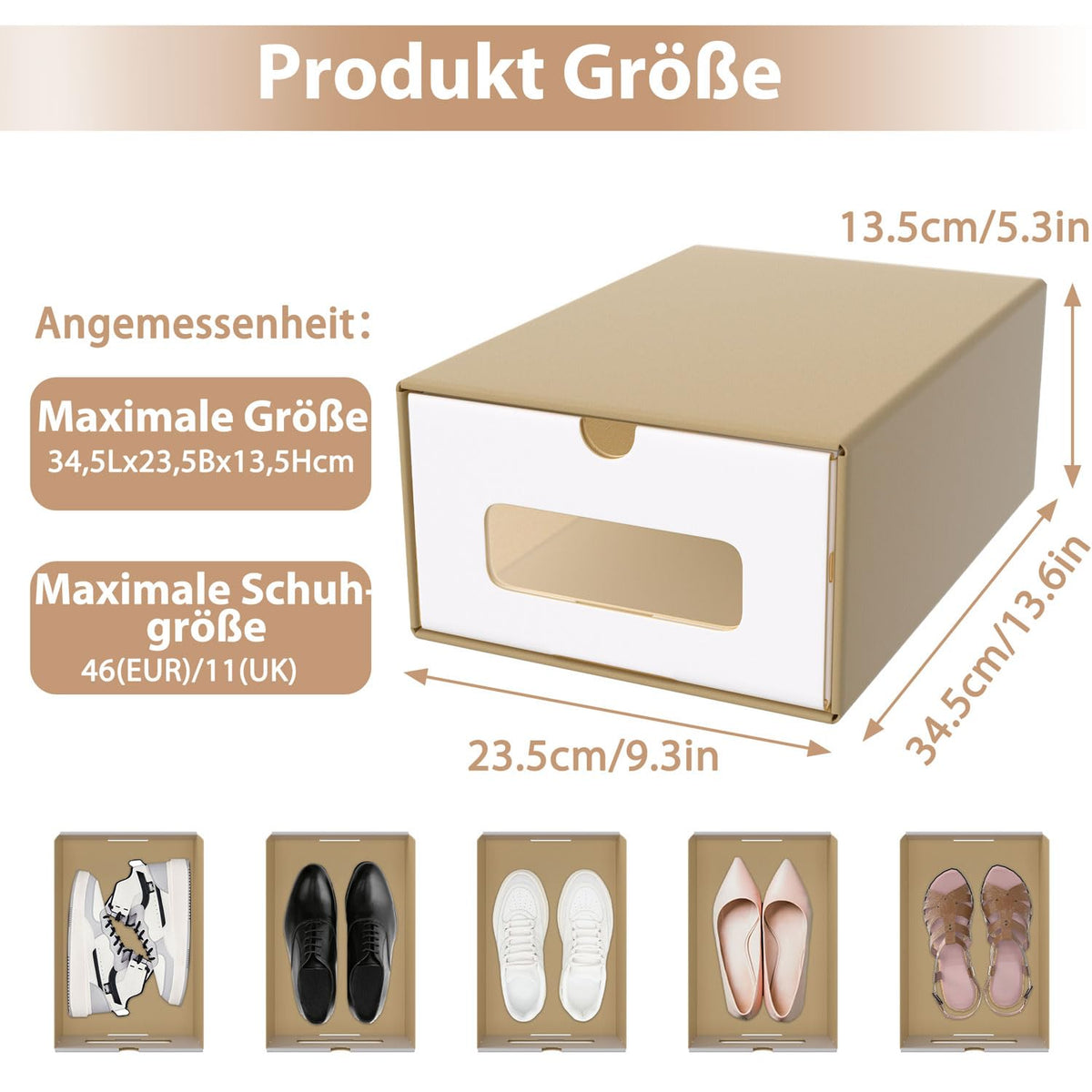ACXIN Schuhboxen Stapelbar Boxen-Set,Aufbewahrungsbox Schubladen mit Transparentes Sichtfenster,Pappkarton aus Kraftpapier,34.5 x 23.5 x 13.5 cm,10 Stück, Braun