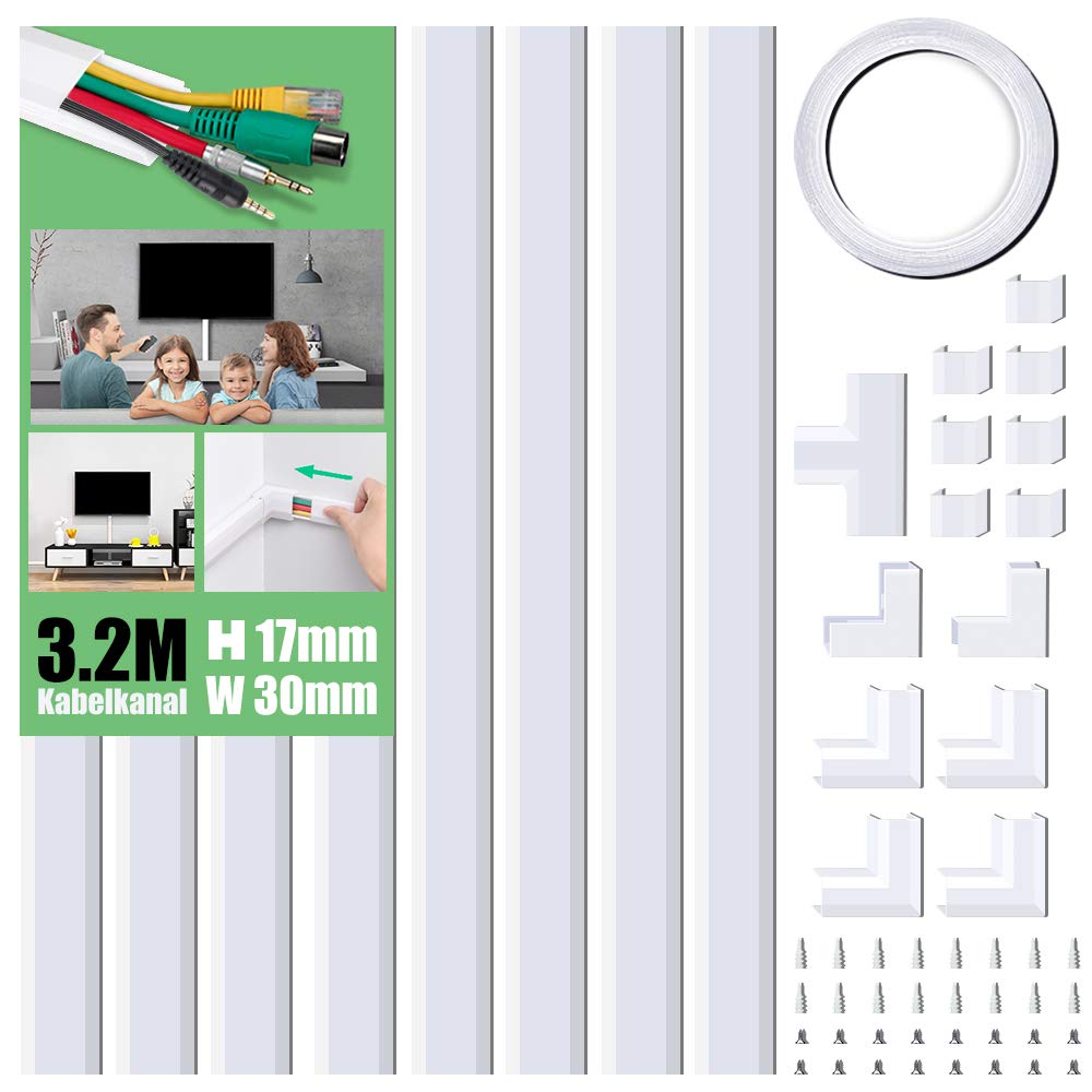 MUDEELA kabelkanal selbstklebend, 3.2 Meter Gesamtlänge (8 Stück - 30x17mm) Weißer PVC Kabelschacht, Schnell Klebe & Ohne Bohren für Aufgeräumtes Kabelmanagement an Wand, TV, Büro & Haushalt