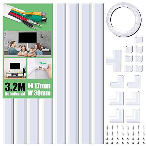 MUDEELA kabelkanal selbstklebend, 3.2 Meter Gesamtlänge (8 Stück - 30x17mm) Weißer PVC Kabelschacht, Schnell Klebe & Ohne Bohren für Aufgeräumtes Kabelmanagement an Wand, TV, Büro & Haushalt