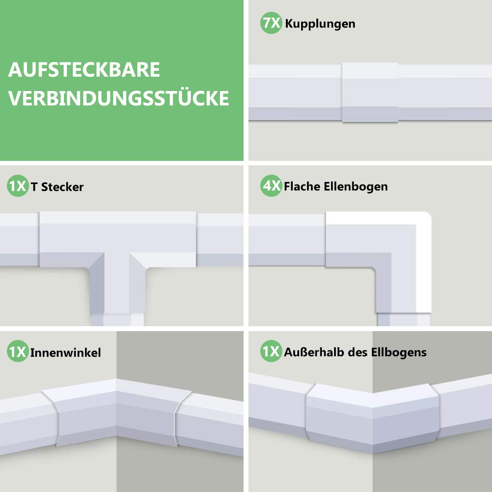 MUDEELA kabelkanal selbstklebend, 3.2 Meter Gesamtlänge (8 Stück - 30x17mm) Weißer PVC Kabelschacht, Schnell Klebe & Ohne Bohren für Aufgeräumtes Kabelmanagement an Wand, TV, Büro & Haushalt