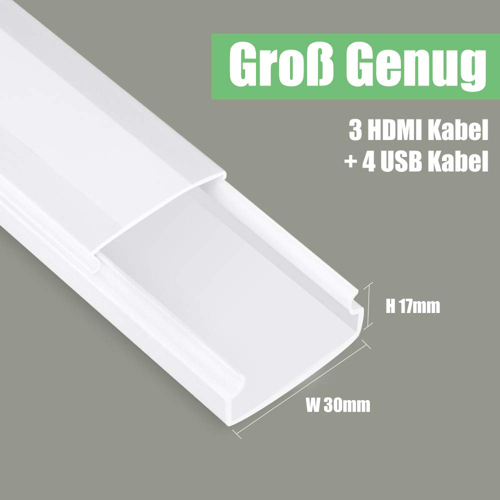 MUDEELA kabelkanal selbstklebend, 3.2 Meter Gesamtlänge (8 Stück - 30x17mm) Weißer PVC Kabelschacht, Schnell Klebe & Ohne Bohren für Aufgeräumtes Kabelmanagement an Wand, TV, Büro & Haushalt