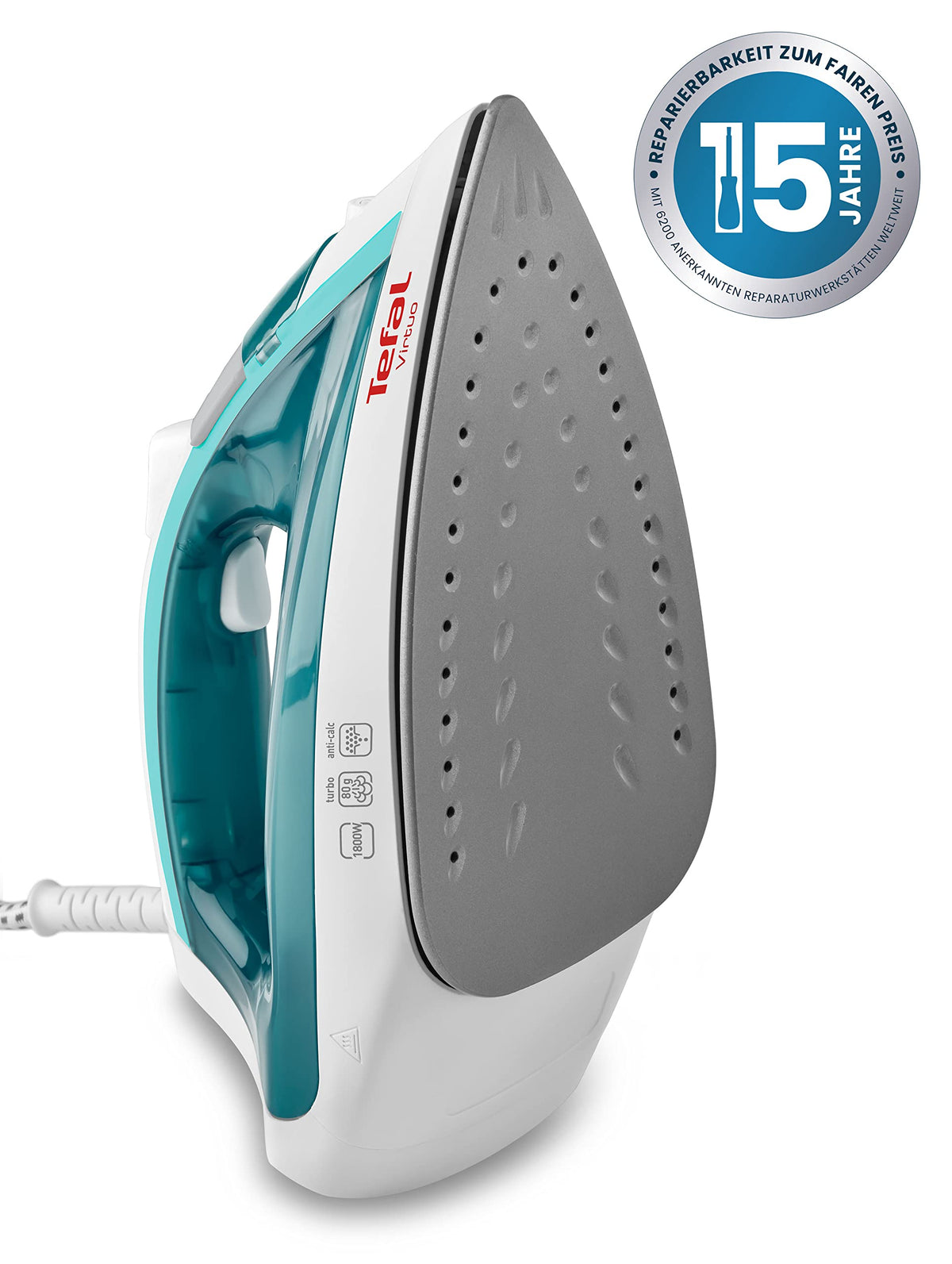 Tefal Virtuo Dampfbügeleisen, 1800 Watt, 80 g/Min. Dampfstoß, 20 g/Min. kontinuierlicher Dampf, Antihaft-Bügelsohle, vertikales Dampfglätten, Bügeleisen Dampf, weiß/türkis, FV1710