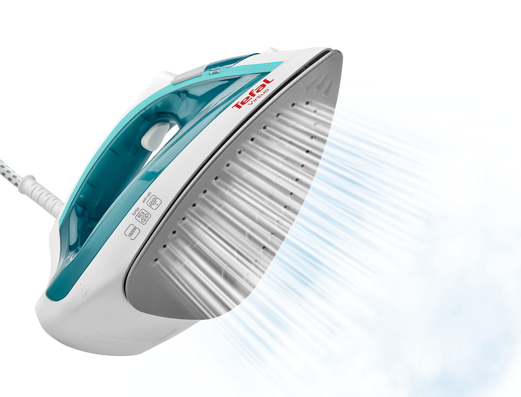 Tefal Virtuo Dampfbügeleisen, 1800 Watt, 80 g/Min. Dampfstoß, 20 g/Min. kontinuierlicher Dampf, Antihaft-Bügelsohle, vertikales Dampfglätten, Bügeleisen Dampf, weiß/türkis, FV1710