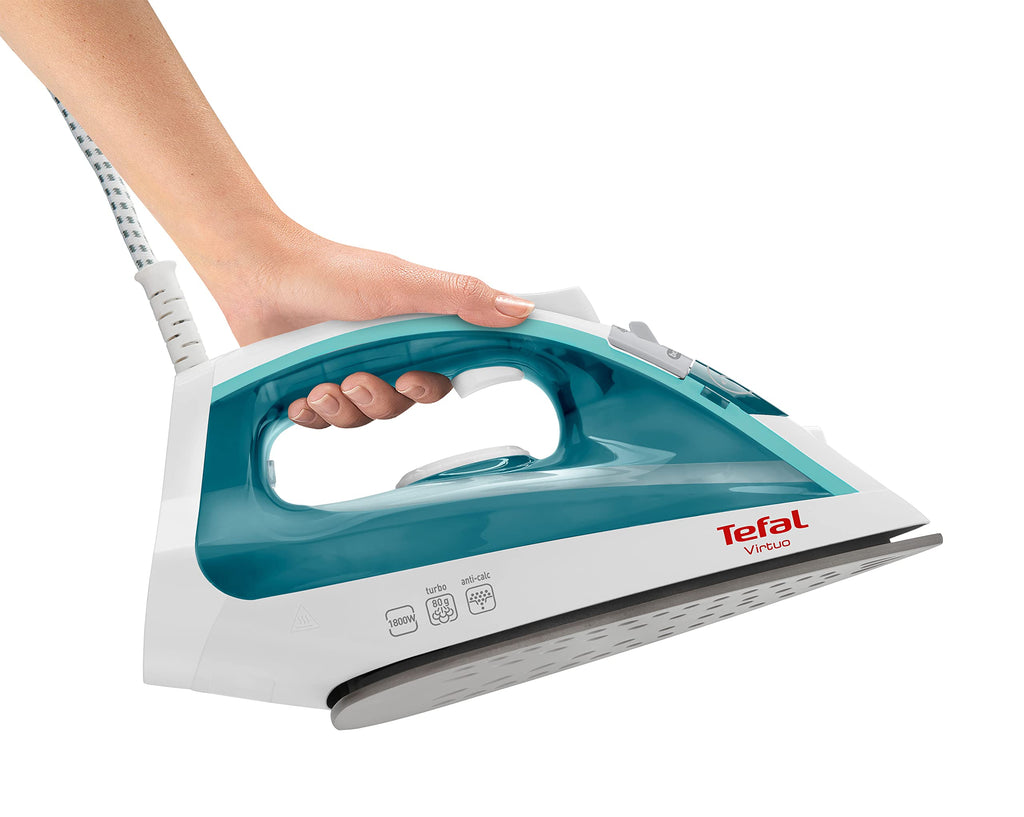 Tefal Virtuo Dampfbügeleisen, 1800 Watt, 80 g/Min. Dampfstoß, 20 g/Min. kontinuierlicher Dampf, Antihaft-Bügelsohle, vertikales Dampfglätten, Bügeleisen Dampf, weiß/türkis, FV1710