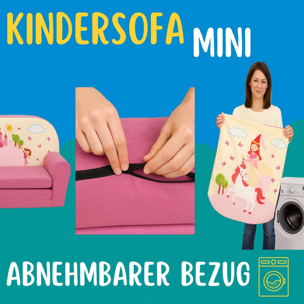FORTISLINE Kindersofa MINI ausklappbar 78 x 40 x 45 cm - Kindercouch aus Mikrofaser mit Liegefläche 104 cm, abnehmbarem waschbarem Bezug, Oeko-TEX Standard 100, Rosa Bärchen
