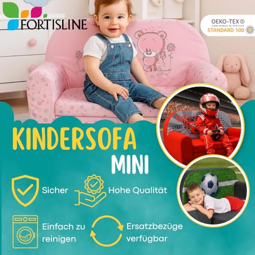 FORTISLINE Kindersofa MINI ausklappbar 78 x 40 x 45 cm - Kindercouch aus Mikrofaser mit Liegefläche 104 cm, abnehmbarem waschbarem Bezug, Oeko-TEX Standard 100, Rosa Bärchen