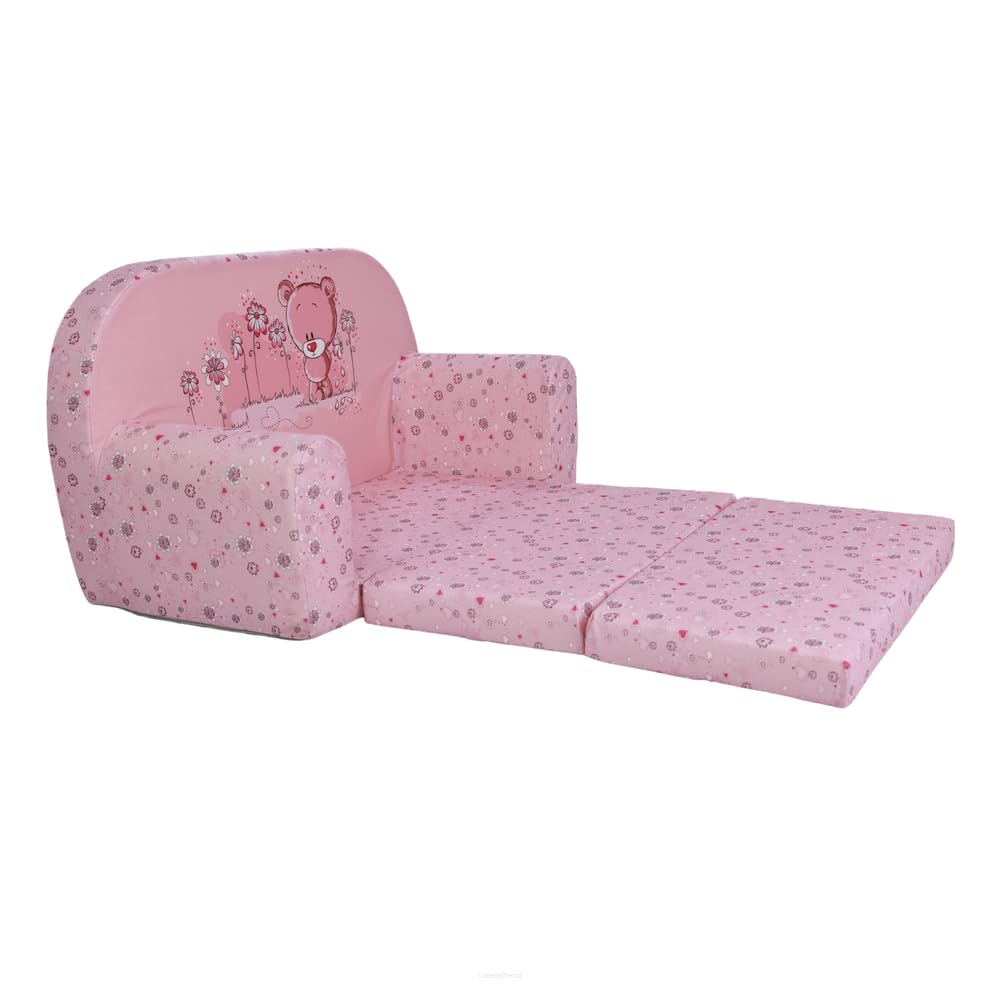 FORTISLINE Kindersofa MINI ausklappbar 78 x 40 x 45 cm - Kindercouch aus Mikrofaser mit Liegefläche 104 cm, abnehmbarem waschbarem Bezug, Oeko-TEX Standard 100, Rosa Bärchen