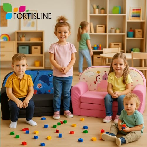 FORTISLINE Kindersofa MINI ausklappbar 78 x 40 x 45 cm - Kindercouch aus Mikrofaser mit Liegefläche 104 cm, abnehmbarem waschbarem Bezug, Oeko-TEX Standard 100, Rosa Bärchen
