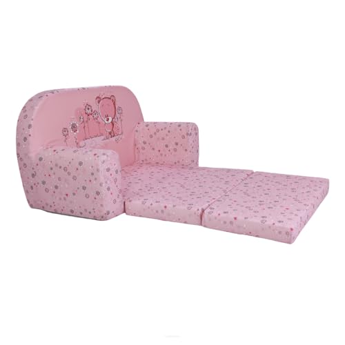 FORTISLINE Kindersofa MINI ausklappbar 78 x 40 x 45 cm - Kindercouch aus Mikrofaser mit Liegefläche 104 cm, abnehmbarem waschbarem Bezug, Oeko-TEX Standard 100, Rosa Bärchen