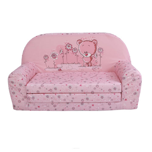 FORTISLINE Kindersofa MINI ausklappbar 78 x 40 x 45 cm - Kindercouch aus Mikrofaser mit Liegefläche 104 cm, abnehmbarem waschbarem Bezug, Oeko-TEX Standard 100, Rosa Bärchen