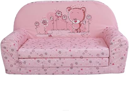 FORTISLINE Kindersofa MINI ausklappbar 78 x 40 x 45 cm - Kindercouch aus Mikrofaser mit Liegefläche 104 cm, abnehmbarem waschbarem Bezug, Oeko-TEX Standard 100, Rosa Bärchen