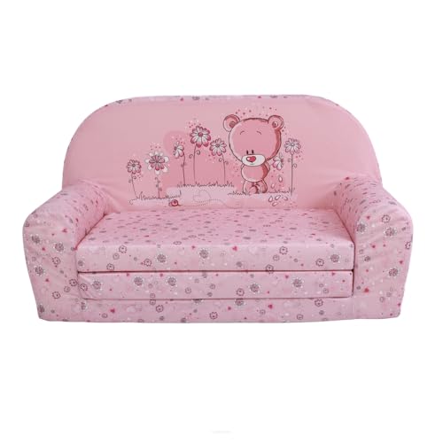 FORTISLINE Kindersofa MINI ausklappbar 78 x 40 x 45 cm - Kindercouch aus Mikrofaser mit Liegefläche 104 cm, abnehmbarem waschbarem Bezug, Oeko-TEX Standard 100, Rosa Bärchen