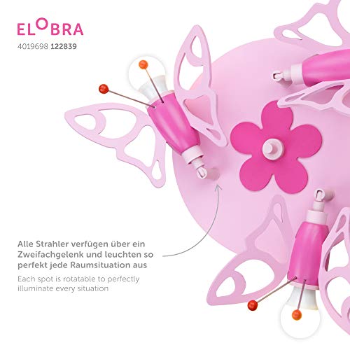 Elobra Deckenlampe Kinderzimmer 'Schmetterling' | hochwertige Kinderzimmerlampe für Mädchen aus Echtholz, rosa Prinzessin Lampe mit Blumenmuster, 30 x 30 x 20cm, Rosa Pink