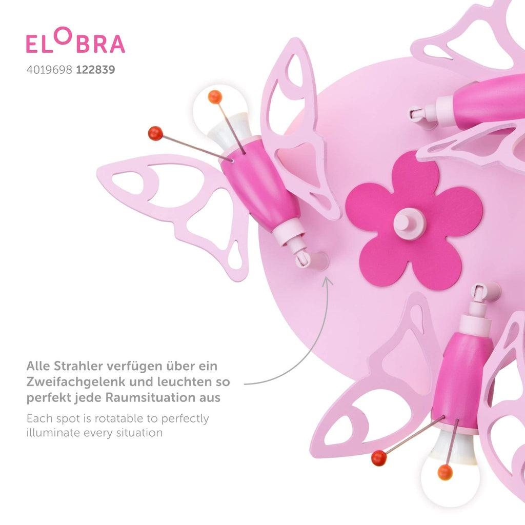 Elobra Deckenlampe Kinderzimmer 'Schmetterling' | hochwertige Kinderzimmerlampe für Mädchen aus Echtholz, rosa Prinzessin Lampe mit Blumenmuster, 30 x 30 x 20cm, Rosa Pink