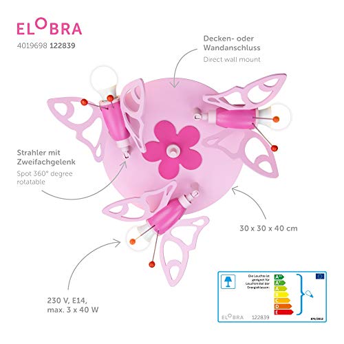 Elobra Deckenlampe Kinderzimmer 'Schmetterling' | hochwertige Kinderzimmerlampe für Mädchen aus Echtholz, rosa Prinzessin Lampe mit Blumenmuster, 30 x 30 x 20cm, Rosa Pink