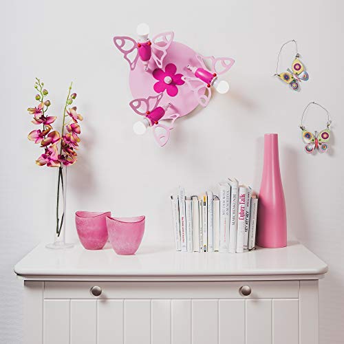 Elobra Deckenlampe Kinderzimmer 'Schmetterling' | hochwertige Kinderzimmerlampe für Mädchen aus Echtholz, rosa Prinzessin Lampe mit Blumenmuster, 30 x 30 x 20cm, Rosa Pink