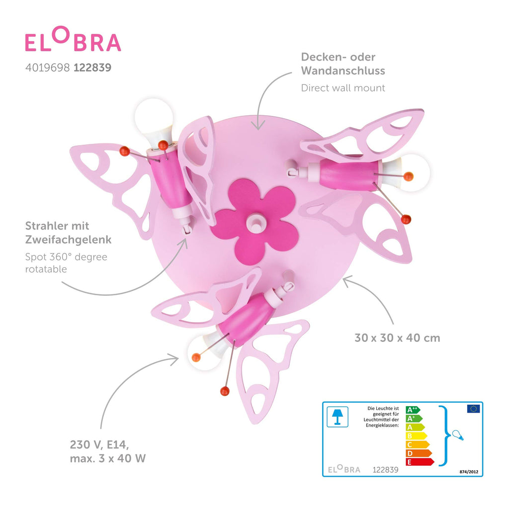 Elobra Deckenlampe Kinderzimmer 'Schmetterling' | hochwertige Kinderzimmerlampe für Mädchen aus Echtholz, rosa Prinzessin Lampe mit Blumenmuster, 30 x 30 x 20cm, Rosa Pink