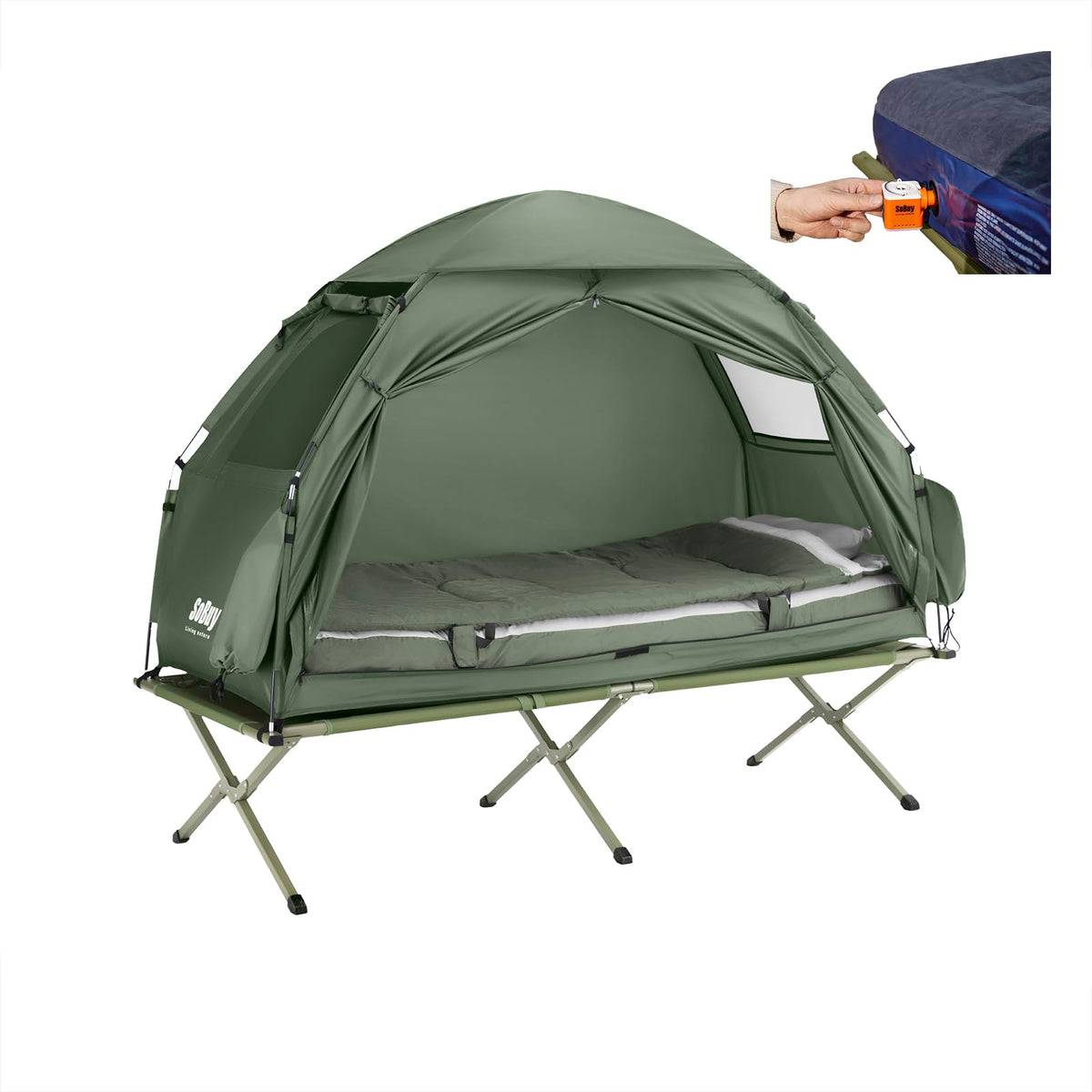 SoBuy Feldbett mit Zelt 7in1 Wurfzelt mit Luftpumpe, Rolltasche, Schlafsack, Wasserdichtes Campingbett Outdoor Campingliege Familienzelt Camping Tent