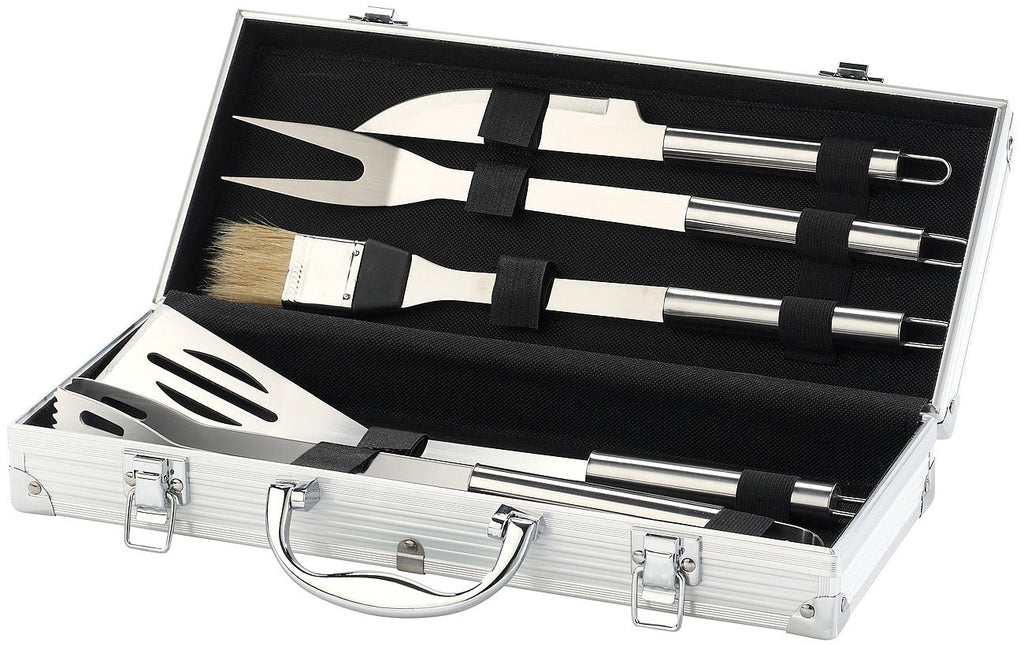 Rosenstein & Söhne Grillkoffer: Edelstahl-Grillbesteck im Aluminium-Koffer (Grillbesteckkoffer, Grillkoffer-Set, BBQ)