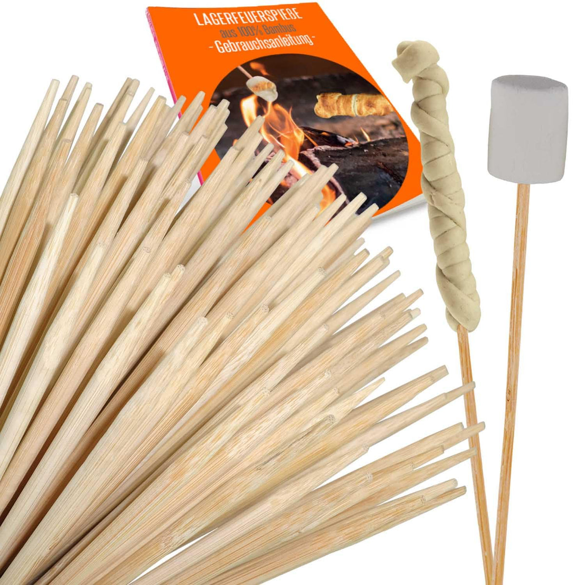 100 Stockbrot Spieße Stock extra 90 cm 6mm Ø Marshmallow Spiesse, Grillspieße, Stäbe, Lagerfeuer Spieße Stockbrot Stöcke aus Bambus Holz - kinderfreundlich + Rezeptheft