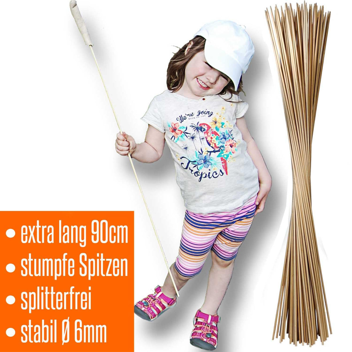 100 Stockbrot Spieße Stock extra 90 cm 6mm Ø Marshmallow Spiesse, Grillspieße, Stäbe, Lagerfeuer Spieße Stockbrot Stöcke aus Bambus Holz - kinderfreundlich + Rezeptheft