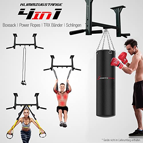 Sportstech KS400, 4in1 Klimmzugstange Decke, Pull Up Bar für Zuhause bis 300 kg, 6 rutschfeste Griffe, Klimmzugstange Deckenmontage mit Boxsack Halterung und Ösen für Schlingentrainer, Reckstange