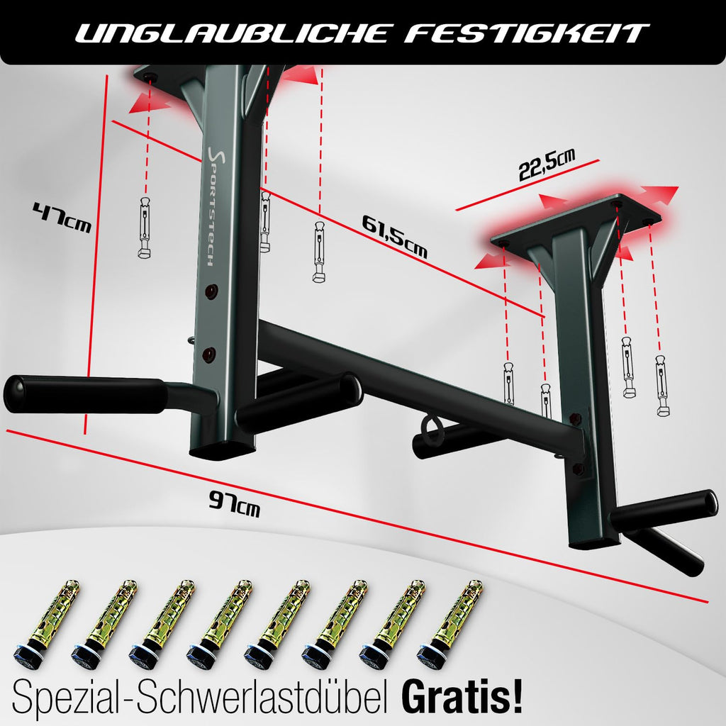 Sportstech KS400, 4in1 Klimmzugstange Decke, Pull Up Bar für Zuhause bis 300 kg, 6 rutschfeste Griffe, Klimmzugstange Deckenmontage mit Boxsack Halterung und Ösen für Schlingentrainer, Reckstange