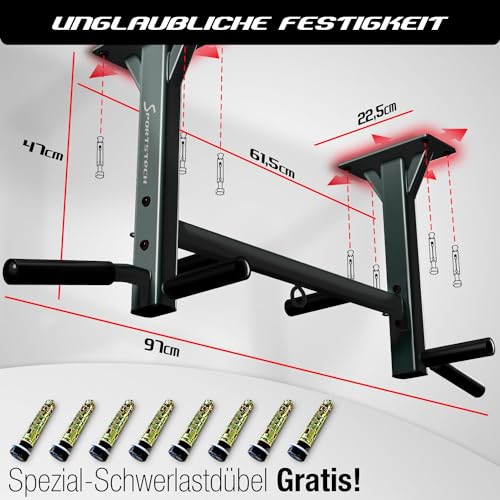 Sportstech KS400, 4in1 Klimmzugstange Decke, Pull Up Bar für Zuhause bis 300 kg, 6 rutschfeste Griffe, Klimmzugstange Deckenmontage mit Boxsack Halterung und Ösen für Schlingentrainer, Reckstange